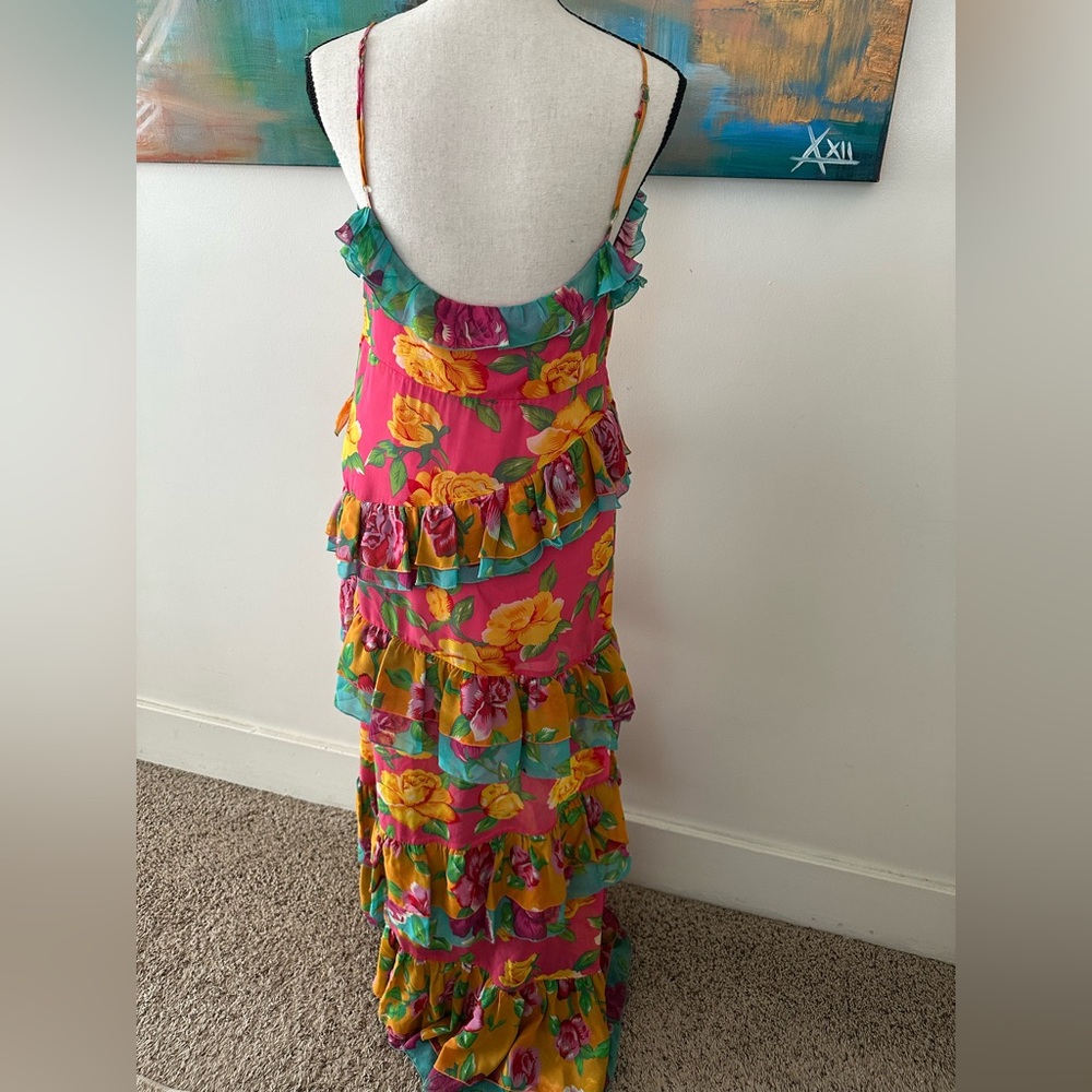Betsey Johnson NWT Rare Vintage Silk Pink Yellow Roses Tiered Maxi Dress 10 - Picture 6 of 16